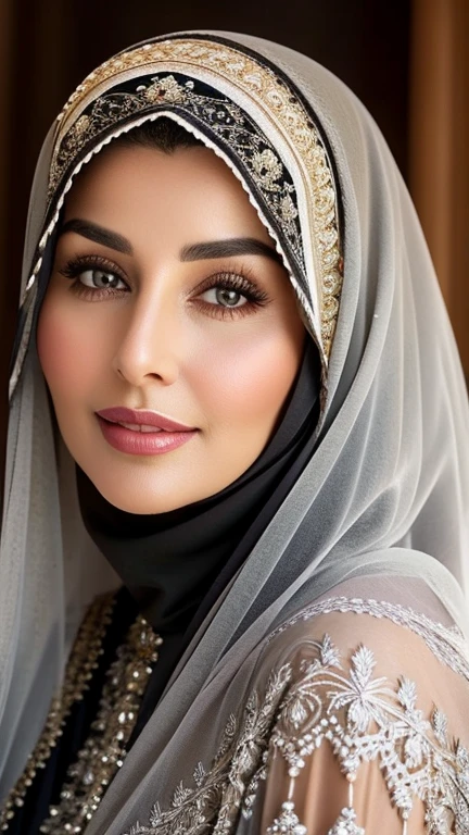 An older Arab woman, adorned with wisdom and grace, is depicted in this image. She is solo, her age estimated to be in the mid-fifties. Her long, grey hair, sprinkled with hints of silver, falls in soft, loose waves down to her shoulders, adorned with intricate henna patterns. Her eyes, a deep, warm brown, gleam with intelligence and kindness.

Her face, slightly lined with the passage of time, exudes a natural beauty that radiates from within. She wears a traditional abaya, the fabric rich in texture, with delicate embroidery along the edges. The abaya is paired with a hijab, the fabric a