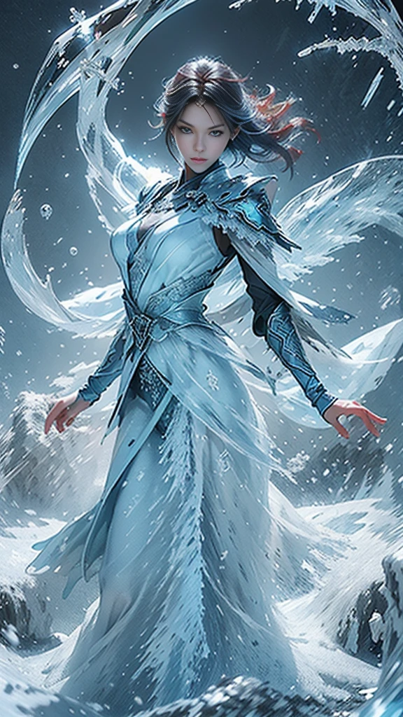 (((1 girl))),imperial water,magician,(loose dress:1.5),(perfect facial features:1.4),(dodger blue armored dresysterious magic array:1.2),Blue glow,(Frost Wings),(((Powerful ice magic))),(((icicle))),Towering above the wind,Blue light cold light,(((Ice storms))),wind,((Flying snow ice and snow)),Amazing results, best quality, masterpiece, ultra high resolution, detailed, intricate details, 8k resolution, 8KUCG wallpaper, high dynamic range, Aqua blue, magic circle, Cinema-level lighting effects, chiaroscuro,Ray tracing、NVIDIA RTX, red hair, red eyes, perfect eyes
