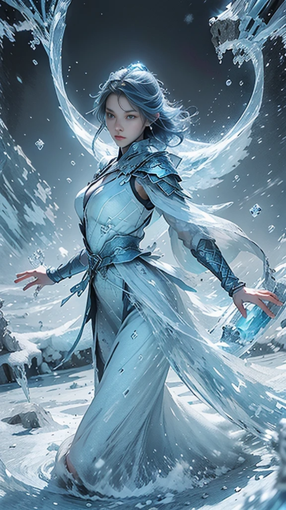 (((1 girl))),imperial water,magician,(loose dress:1.5),(perfect facial features:1.4),(dodger blue armored dresysterious magic array:1.2),Blue glow,(Frost Wings),(((Powerful ice magic))),(((icicle))),Towering above the wind,Blue light cold light,(((Ice storms))),wind,((Flying snow ice and snow)),Amazing results, best quality, masterpiece, ultra high resolution, detailed, intricate details, 8k resolution, 8KUCG wallpaper, high dynamic range, Aqua blue, magic circle, Cinema-level lighting effects, chiaroscuro,Ray tracing、NVIDIA RTX, red hair, red eyes, perfect eyes