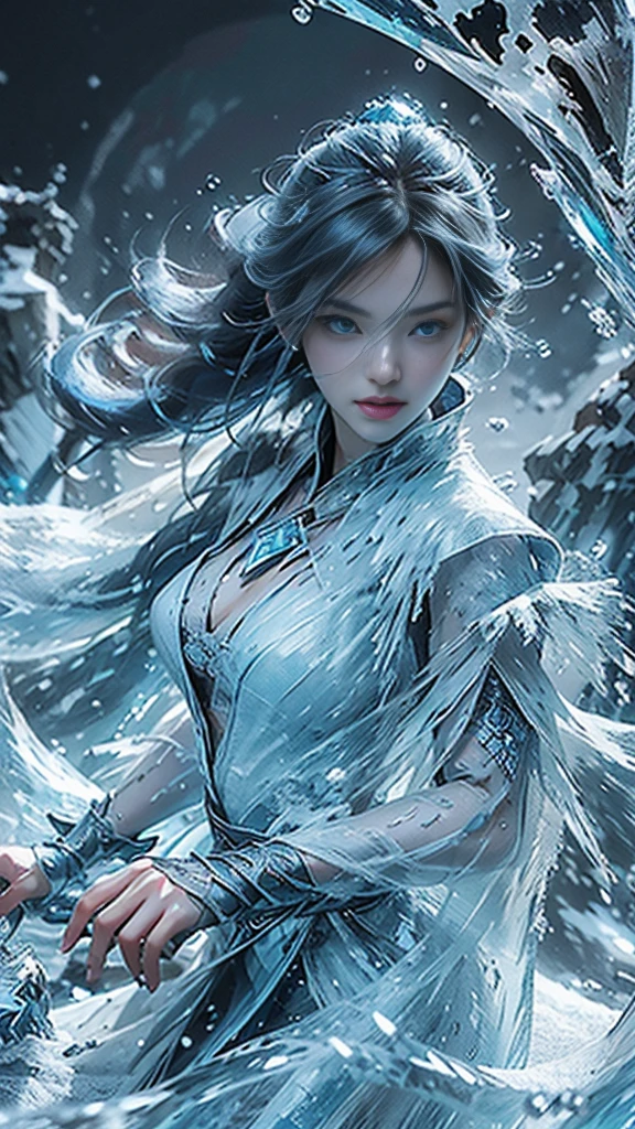 (((1 girl))),imperial water,magician,(loose dress:1.5),(perfect facial features:1.4),(dodger blue armored dresysterious magic array:1.2),Blue glow,(Frost Wings),(((Powerful ice magic))),(((icicle))),Towering above the wind,Blue light cold light,(((Ice storms))),wind,((Flying snow ice and snow)),Amazing results, best quality, masterpiece, ultra high resolution, detailed, intricate details, 8k resolution, 8KUCG wallpaper, high dynamic range, Aqua blue, magic circle, Cinema-level lighting effects, chiaroscuro,Ray tracing、NVIDIA RTX, red hair, red eyes, perfect eyes