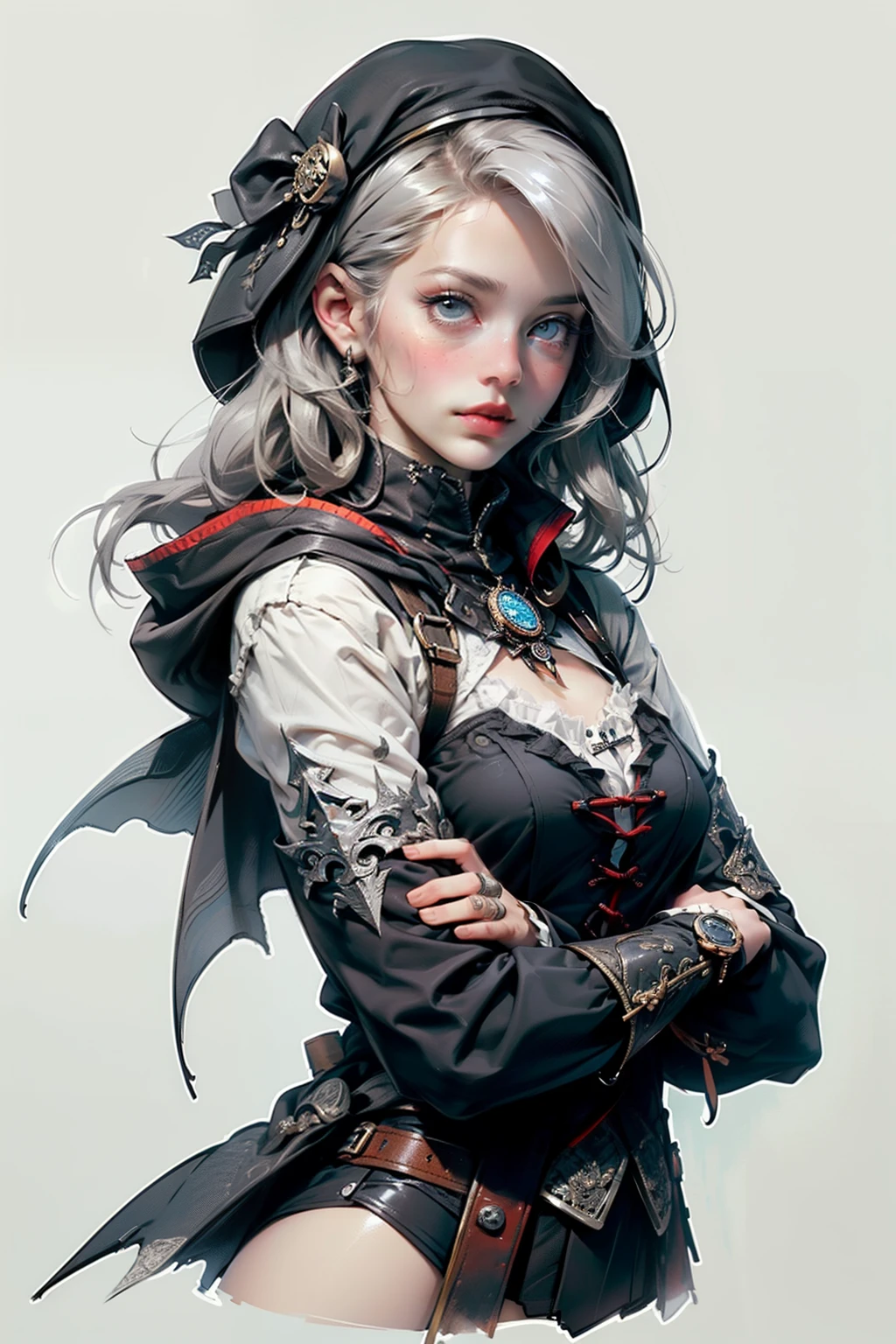 ((best quality)), ((masterpiece)), (detailed), perfect face, hand drawn style, hand painted style, watercolour, sketch, a knight, white background, plain background, Bloodborne inspired, tatty Bloodborne attire, occult aesthetic, occult, tatty red and white clothing detailed and intricate steampunk and detailed gothic ta (with a hood), diadems, long coat, Complex laced boots, Fluttering lace flared long knee length dress with frilly petticoats, long dress, knee length dress, pleated petticoats, loliress, petticoats gothic lolita, tiful small breasts, (((( Highly detailed face))), small thin nose, Small thin lips mouth, (((Very sharp focused eyes))), Very large slit precision pale grey eyes that shine like jewels. very long eyelashes, Silver hair swaying in the wind, Emitting a dazzling light in a mandala pattern, white background, Very dramatic and cinematic lighting, tatty damaged old red and white clothing, full body, whole body, body, cosmic horror, grim dark