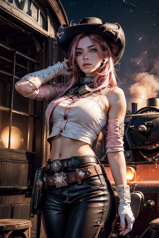 (masterpiece,stunning girlfriend, (standing:1.1), dynamic pose, heart shaped face, elegant face, beautiful face, highly detailed face, highly detailed skin, skin pores, subsurface scattering, realistic pupils, looking at viewer, full lips, detailed background, depth of field, atmospheric perspective, volumetric lighting, sharp focus, absurdres, realistic proportions, good anatomy, (realistic, hyperrealistic:1.4), 16k hdr,  neopolitan, neopolitan, long hair, brown hair, (brown eyes:1.3), brown eyes, pink eyes, (heterochromia:1.2), ((two-tone hair, split-color hair, pink hair, brown hair, multicolored hair)), BREAK gloves, hat, navel, detached sleeves, midriff, belt, pants, white gloves, black headwear, bowler hat, boxing pose, BREAK standing inside old steam train, night, stars, moon, post-apocalypse, dystopian future, london in ruins, big ben, crowd, (crowd in military uniforms), bonfires, BREAK looking at viewer, (cowboy shot:1.5), BREAK (masterpiece:1.2), best quality, high resolution, unity 8k wallpaper, (illustration:0.8), (beautiful detailed eyes:1.6), extremely detailed face, perfect lighting, extremely detailed CG, (perfect hands, perfect anatomy)