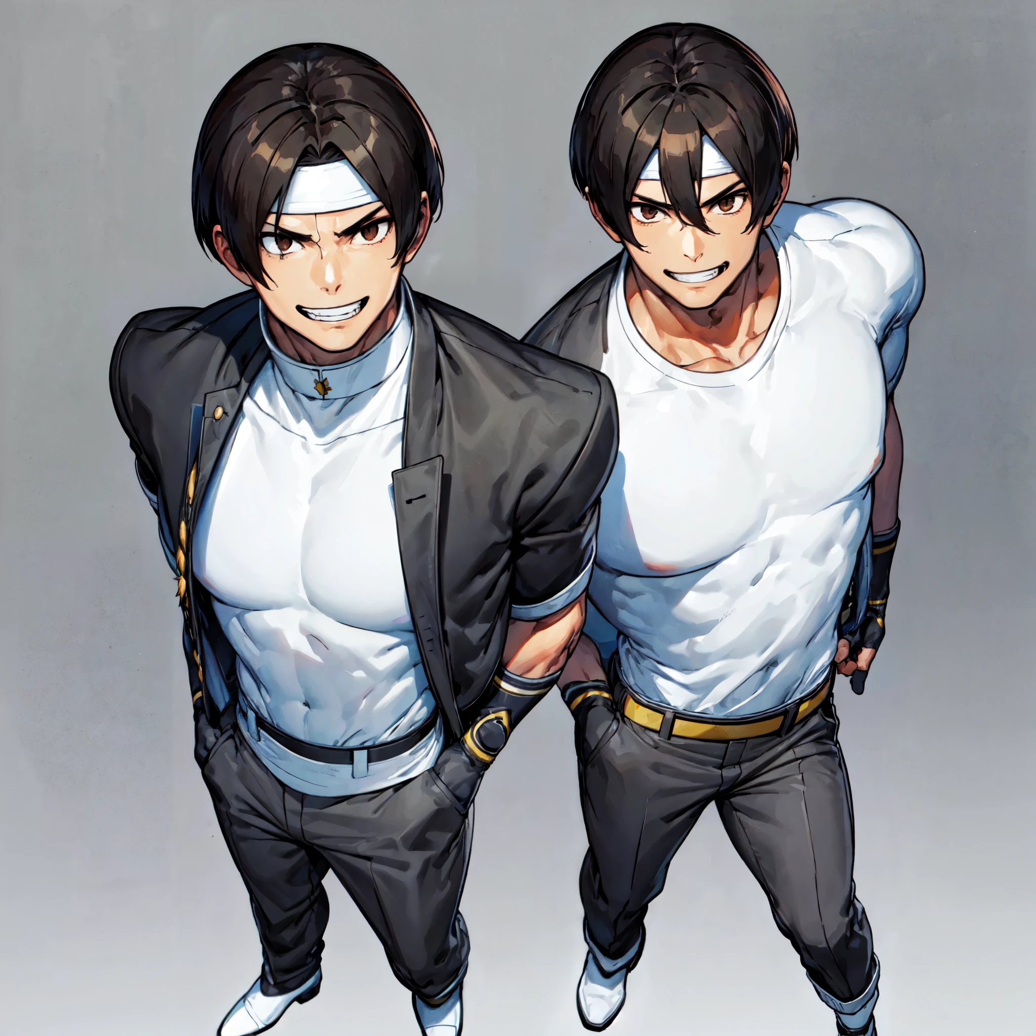 Kusanagi Kyo, Nest Kyo, KOF2002 2002, The King of Fighters 2002, Kusanagi Kyo 2002, blue shirt inside white leather jacket, blue fingerless gloves, black jeans, brown hair