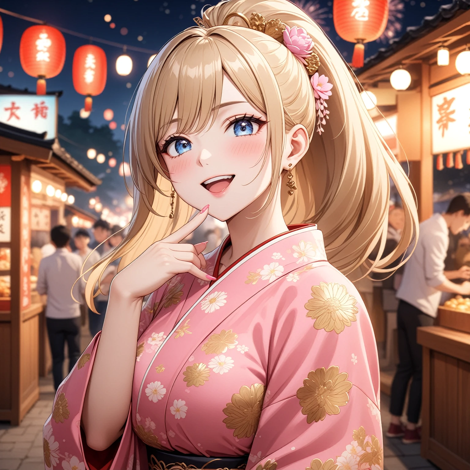 ((One woman)), Beautiful Face,Happy and impressed,((Wink)),Blushing,Laughing with your mouth open,Glossy Lips,Abstract, night,shrine,Festival food stalls, firework,((Anime style background)),masterpiece, highest quality, so beautiful, up to date, Complex details, (Pink long nails),AI-generated, Complex,High resolution, highest quality, super high quality,3D Images、View the viewers、3D Images,one person,Woman with long blonde hair,High Ponytail,blue eyes,Anime woman posing for a photo, [[Fine grain、Colorful eyes、Shining Eyes:1.15]],(Squint your eyes:1.1),a hyperRealistic , hyperRealistic , Realistic , Blonde anime woman with long hair, Smooth anime CG art, A woman in a gorgeous kimono with gold embroidery, Black kimono,Flower pattern kimono,Long flower hair ornament,Earrings,(Large Breasts:1.3),Mature Body,tall,Big Ass,Fine details,Abdominal muscles,Shooting from an angle,(A woman making a heart sign with her hands),(Put your hands together)