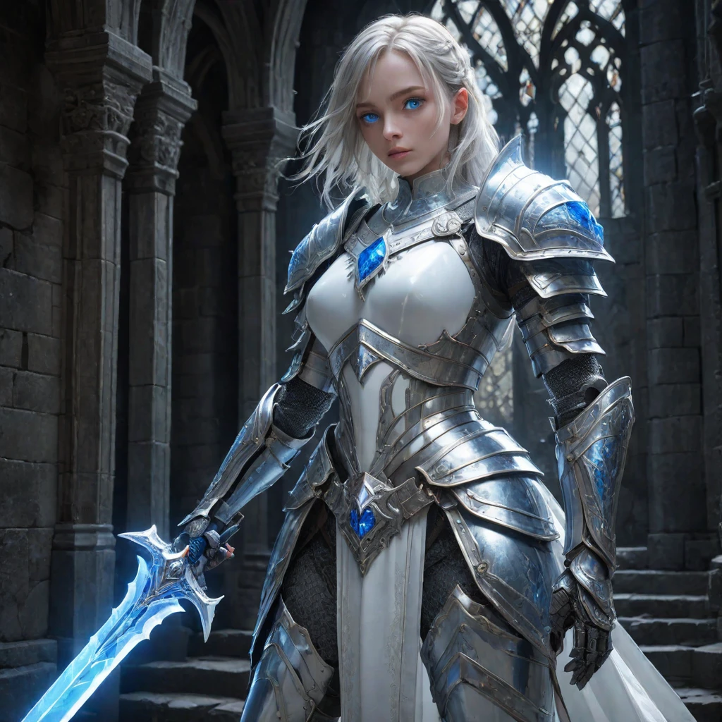 amazing quality,masterpiece,best quality,hyper detailed,ultra detailed,UHD,perfect anatomy,(in castle:1.2),
girl knight in white armor and blue glowing eyes holding oversized blue crystal greatsword with thick edge,dazzling,transparent,polishing,
extremely detailed,
thin,from_side,