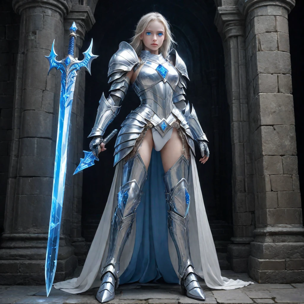 amazing quality,masterpiece,best quality,hyper detailed,ultra detailed,UHD,perfect anatomy,(in castle:1.2),
girl knight in white armor and blue glowing eyes holding oversized blue crystal greatsword with thick edge,dazzling,transparent,polishing,
extremely detailed,
thin,from_side,