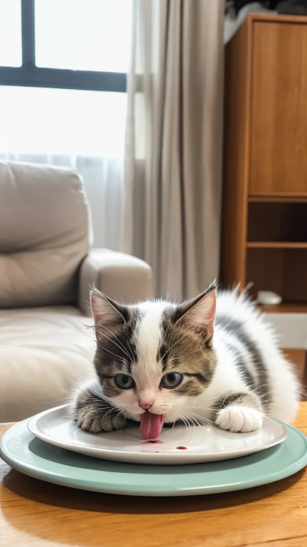 A little cute kitten is licking a plate with milk while its tongue out on the living room table,
