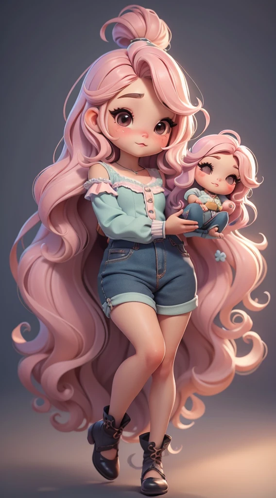 Create cute style chibi dolls with a cute dancer theme, each with lots of detail and in 8K resolution. The doll must follow the same solid background pattern and be complete in the image, mostrando o (corpo inteiro, incluindo as pernas: 1.5)
She deve estar sentada e should have medium wavy mixed hair. Seus olhos devem ser grandes e curiosos, with long eyelashes and slightly pinkish cheeks. Mia deve estar vestida com um vestido delicado, salto alto e uma blusa de bolinhas, sapato bonito.
Certifique-se de adicionar sombras, texturas e detalhes nos cabelos, Clothing and Utensils, to make them even more adorable and charming.