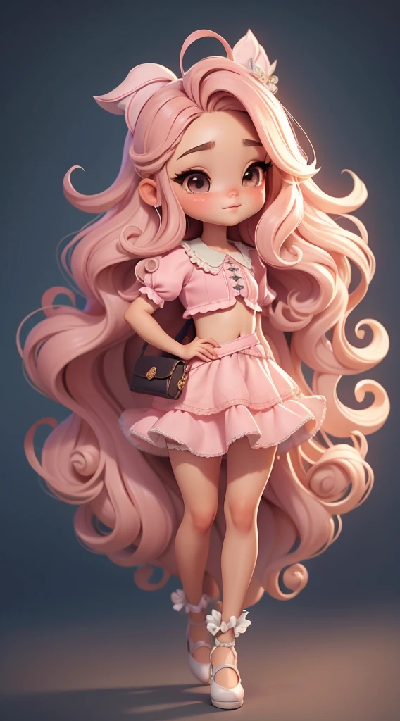 Create cute style chibi dolls with a cute dancer theme, each with lots of detail and in 8K resolution. The doll must follow the same solid background pattern and be complete in the image, mostrando o (corpo inteiro, incluindo as pernas: 1.5)
She deve estar sentada e should have medium wavy mixed hair. Seus olhos devem ser grandes e curiosos, with long eyelashes and slightly pinkish cheeks. Mia deve estar vestida com um vestido delicado, salto alto e uma blusa de bolinhas, sapato bonito.
Certifique-se de adicionar sombras, texturas e detalhes nos cabelos, Clothing and Utensils, to make them even more adorable and charming.