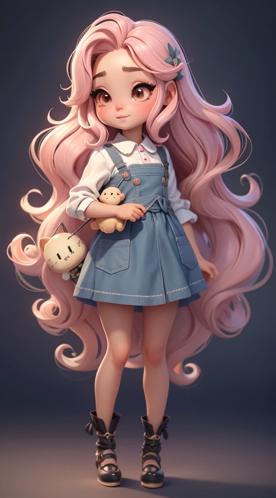 Create cute baby style chibi dolls with a cute dancer theme, each with lots of detail and in 8K resolution. The doll must follow the same solid background pattern and be complete in the image, mostrando o (corpo inteiro, incluindo as pernas: 1.5)
She deve estar sentada e should have medium wavy mixed hair. Seus olhos devem ser grandes e curiosos, with long eyelashes and slightly pinkish cheeks. Mia deve estar vestida com um vestido delicado, salto alto e uma blusa de bolinhas, sapato bonito.
Certifique-se de adicionar sombras, texturas e detalhes nos cabelos, Clothing and Utensils, to make them even more adorable and charming.