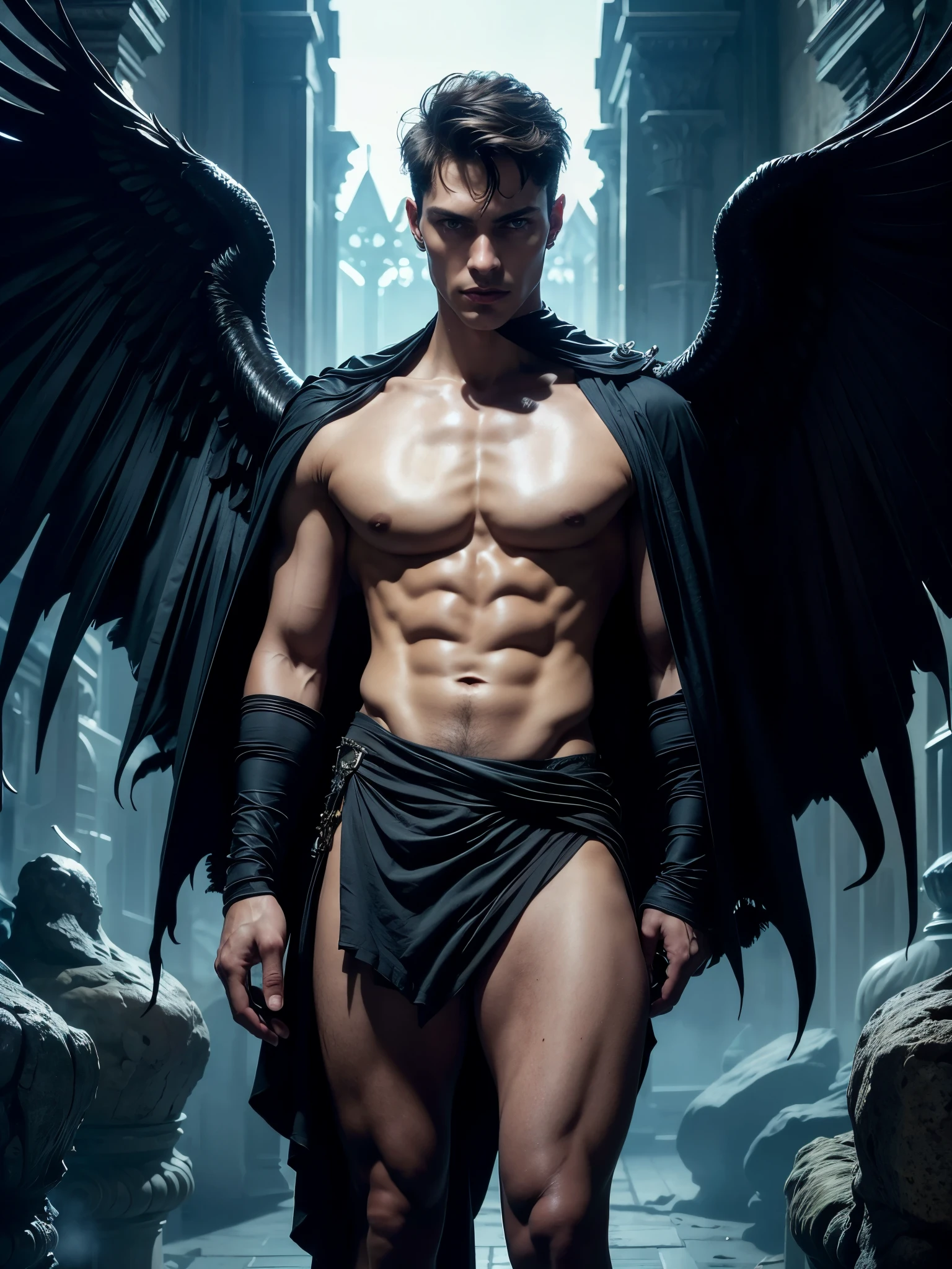 ((masterpiece)),((best quality)),8k, high detailed, ultra-detailed, Stylish Pose, messy wavy hair, 18-year-old male model, handsome, shirtless, barechested, top nude, halfnaked, real skin texture, dark cinematic lighting, full body shot, 35 mm lens, masculine, tall, cute looking, evil look, dark look powerful, young male model, handsome mythical creature, masculine features, blue eyes, brown messy short hair, strong jawline, fit body, tall, full body, prince aesthetic, huge massive black angel wings, ancient linen Greek small skirt, black linen antique draped cloth skirt, Gothic architecture, dramatic lighting, evil lighting, dark atmosphere