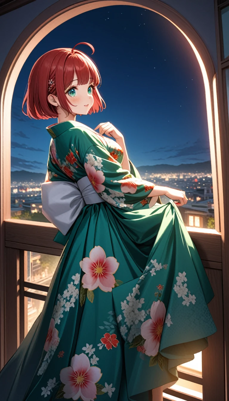 1girl,rubyred hair,bowl cut hair,half circle ahoge,BREAK,(blue green eyes)1.3,tareme,fusion of floral print kimono and ball gown,balcony,night,cowboy shot,