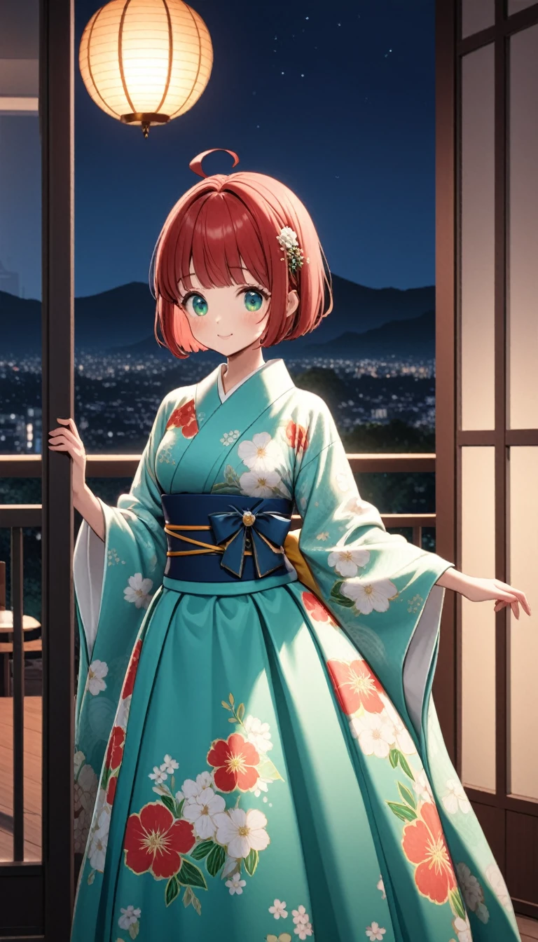 1girl,rubyred hair,bowl cut hair,half circle ahoge,BREAK,(blue green eyes)1.3,tareme,fusion of floral print kimono and ball gown,balcony,night,cowboy shot,