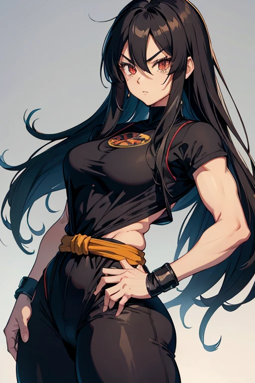 1, SAIYAN woman. saiyan. Black, long straight hair, with small brown blemish/highlight. Soft mature facial look. Ki blast in hand. Thick BUT- slim. Athletically toned, muscley. Thick. Wearing full saiyan clothes/ full Gi