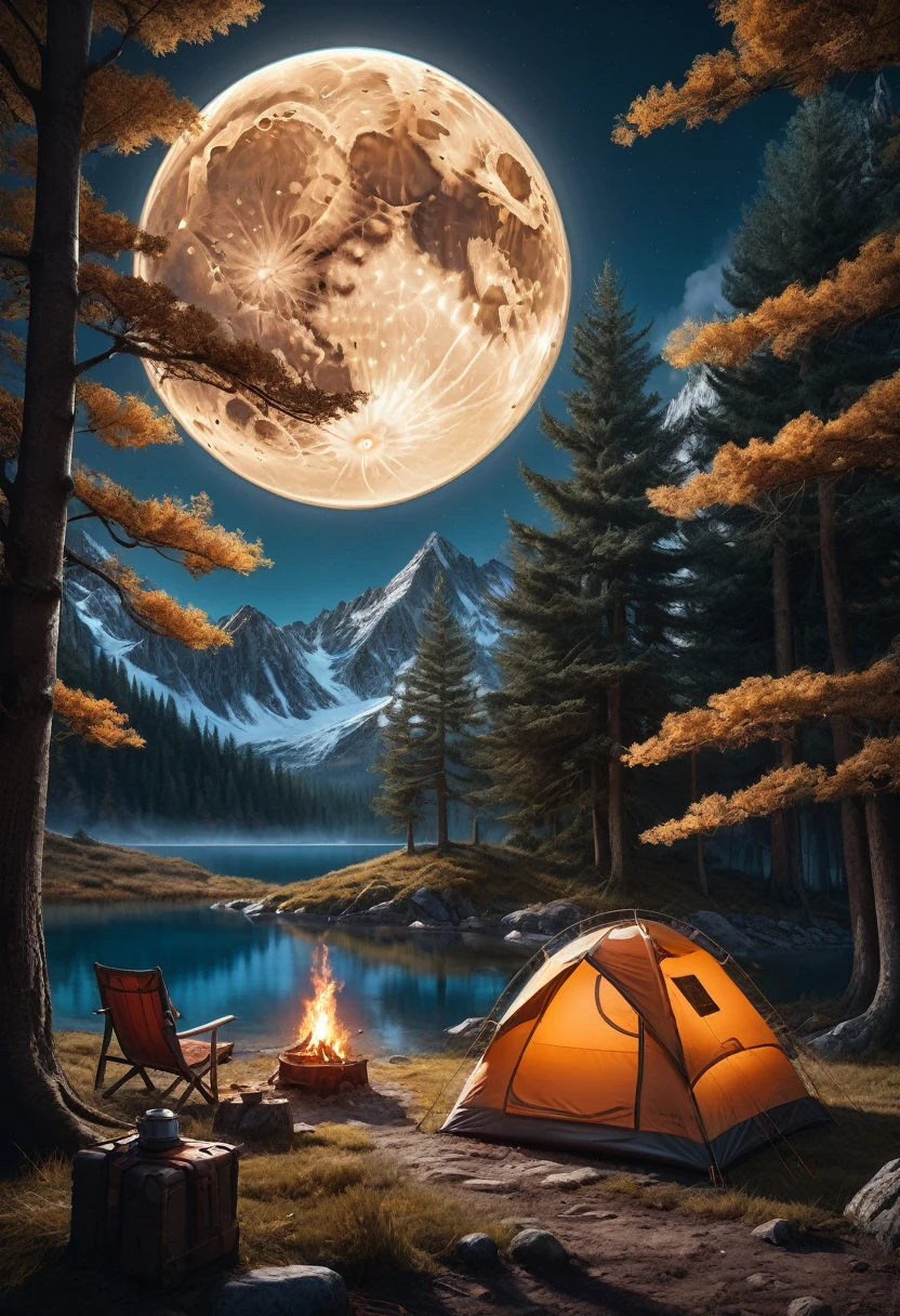 outdoor camping, Camping under a double moon, detailed matte painting, deep color, fantastical, intricate detail, splash screen, complementary colors, fantasy concept art, 8k resolution trending on Artstation Unreal Engine 5