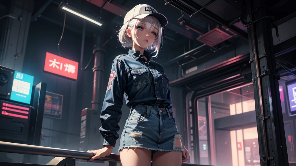 masterpiece, best quality, 4k, UHD, mishoujo, beautiful eyes and detailed face, illustration, beautiful detailed, high resolution illustration, glowing_white_particles, 1girl, white hair, light purple eye, hair over one eye, short side tail, baseball cap, expressionless, black denim shirt and denim mini skirt, morning cyberpunk city, standing on a ladder, bottom view, back turned