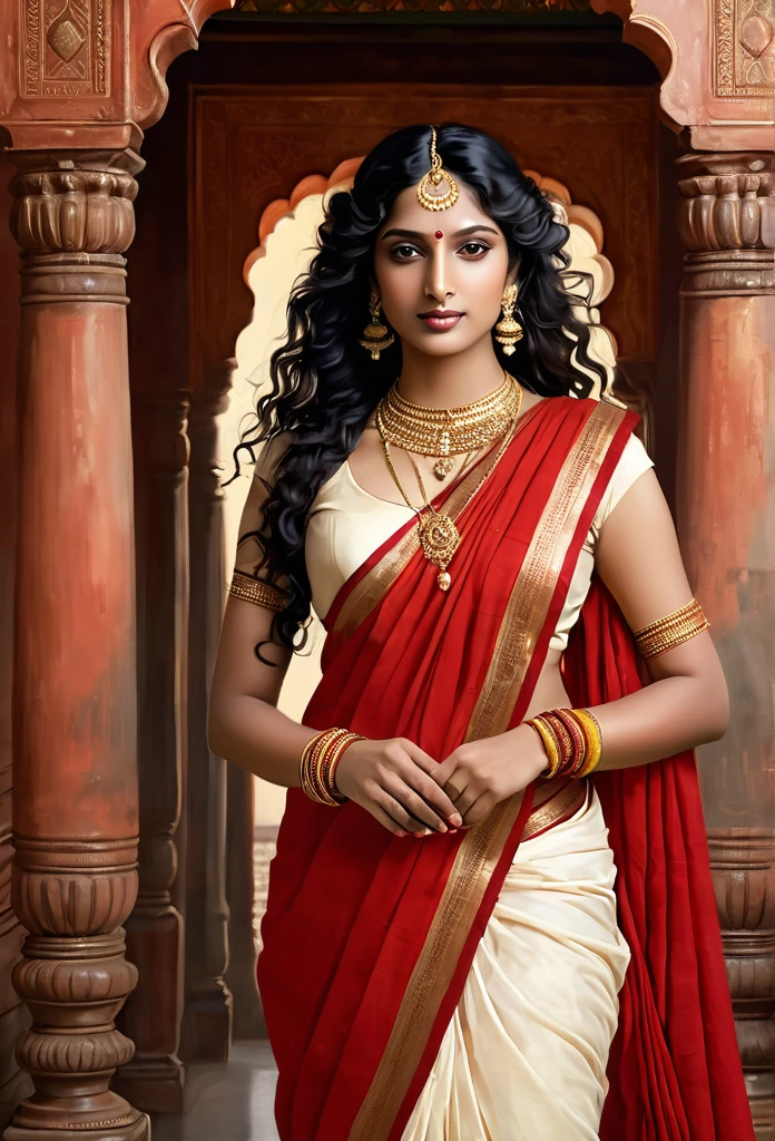 Queen of extremely fair complexion wearing gold plated indian red saree, necklace, hair accessories, bangles, jewellery, waist band,black long flowy hair, and an indian king of dark complexion in indian dhoti and ancient indian male jewelry, neck length curly hair with ancient indian male hair accessories, romantic pose, digital art, inspired by Ravi Verma, indian hindu painting