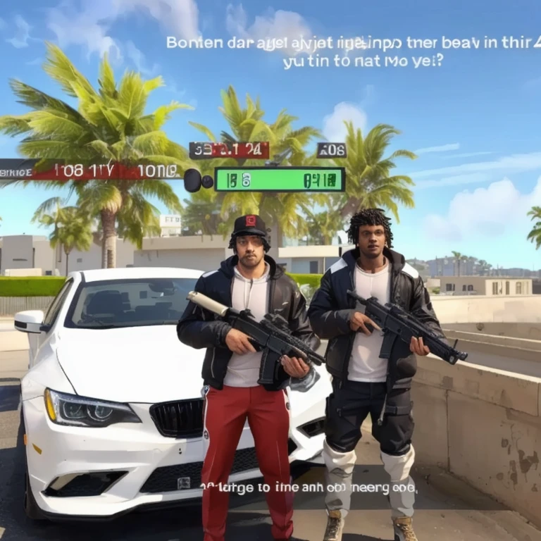 In the image, there are two characters wearing black and white jackets. One of them is holding a gun. The characters are located on a street with a palm tree above them. To the right, there is a score screen with the characters' names and an amount of money. To the left, there is a chat screen with the words \"599March: 11 gli ga?\" and a question mark.