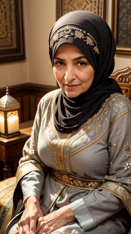 Best quality, high resolution, Masterpiece: 1.3, Arab Mature Granny, Timeless Beauty, Warm Smile, Realistic, 1woman, wrinkled face with laughter lines, piercing eyes, silver hair in a loose bun, traditional Arabic attire, Hijab, flowing Abaya, detailed embroidery, intricate patterns,ornaments, vibrant colors, jeweled accessories, hands adorned with henna, seated on a well-worn carpet, surrounded by the warm glow of oil lamps, ancient surroundings, antique furniture, rustic details, faded wall tapestries, textured rugs, intricate tile work, exotic spices filling the