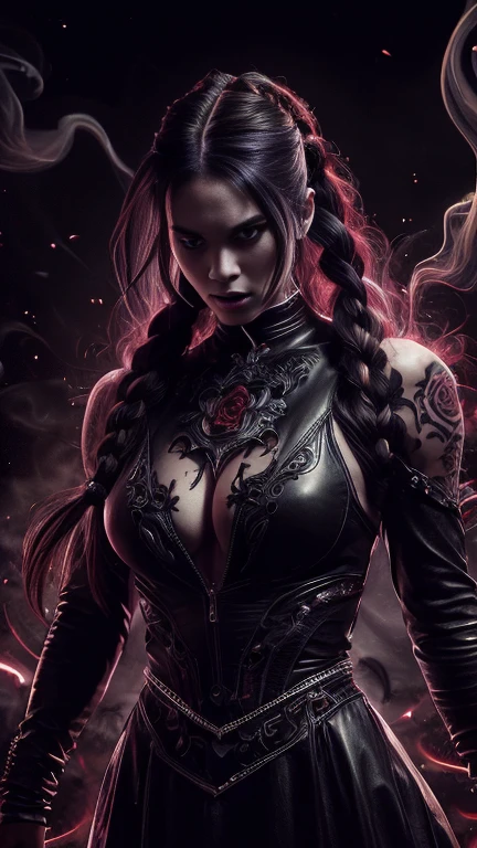 4k realistic ultra detailed photography of an athletic demonic woman, demonic woman wearing a maxi leather dress, hairstyle is a crazy braided hairstyle, demonic woman in a menacing moving standing model pose, photo background is a wall of smoke with black roses coming out of it, mood of the photography is gloomy, big lots of fiery tattoos