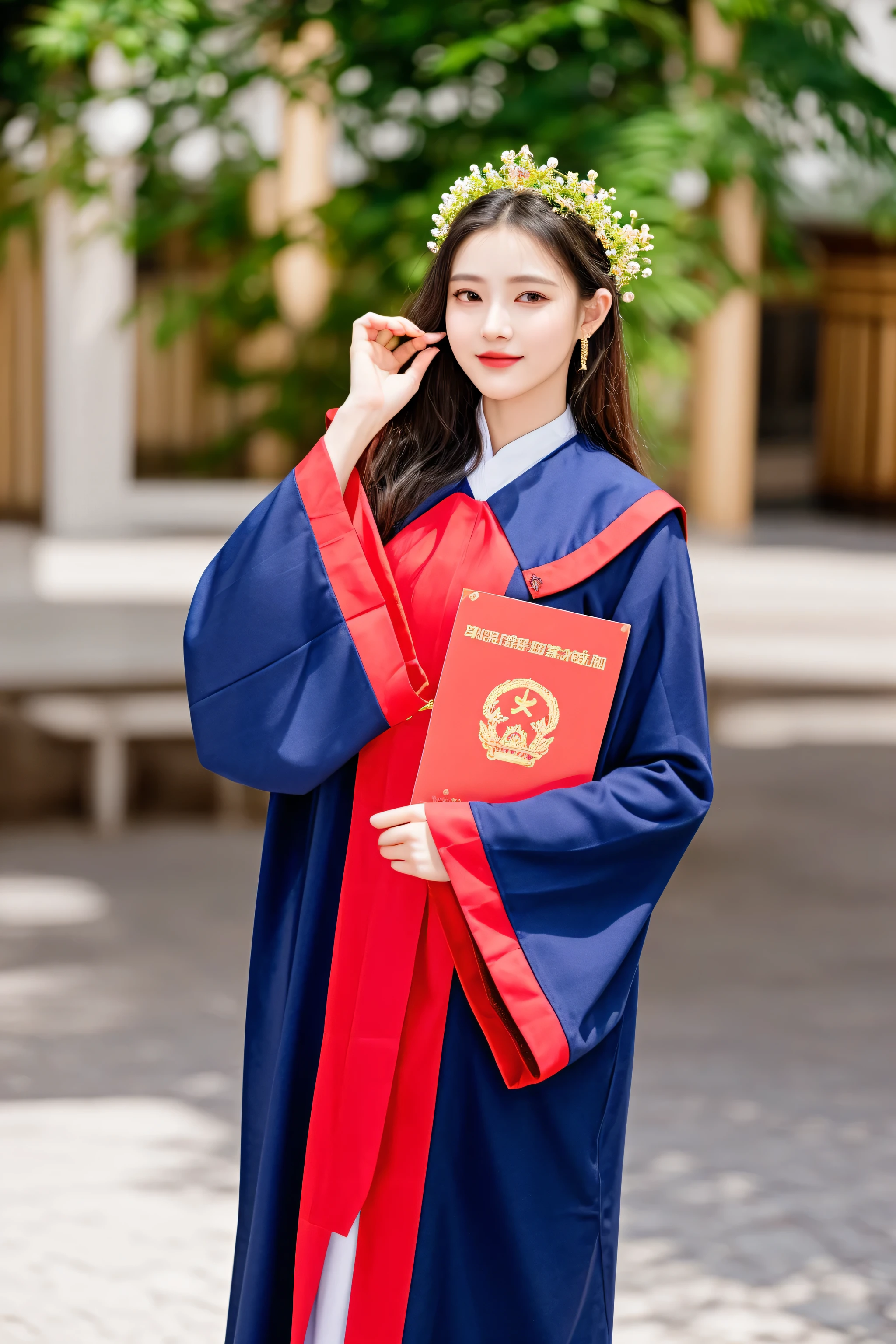 arafed woman in a graduation gown and a crown holding a diploma, wearing an academic gown, graduation photo, ao dai, wearing long royal robe, hanfu, academic clothing, magic uniform university, wearing blue robe, cai xukun, mid shot portrait, portrait shot, student, with acient chinese clothes, li zixin, traditional tai costume