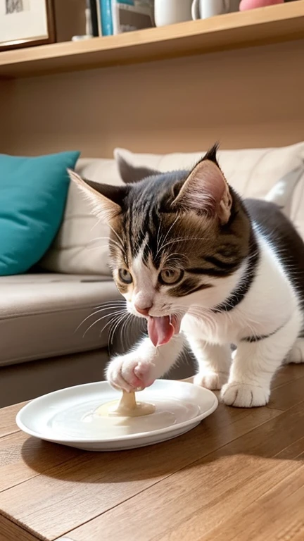 A little cute kitten is licking a plate with milk while its tongue out on the living room table,