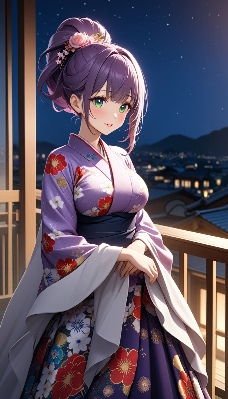 1girl,purple ponytail hair,green eyes,large breasts,fusion of floral print kimono and ball gown,balcony,night,cowboy shot,