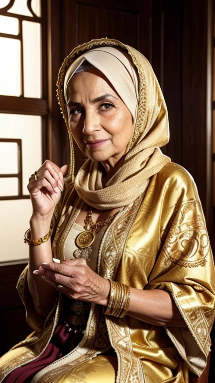Best quality, high resolution, Masterpiece: 1.3, Arab Mature Granny, Masterpiece, Wise eyes, Wrinkled skin, Warm smile, Golden jewelry, 1 woman, elegant hijab, traditional clothing, detailed and intricate design, intricate embroidery, loose-fitted robe, crocheted scarf, golden coins on her wrists, golden bangles, long necklace with crystals, hands adorned with henna designs, sitting on a worn wooden chair, surrounded by colorful patterned cushions, dimly lit room, sunlight streaming through a window, creating warm, soft shadows on her face, aged, beautiful, strong, bony hands, weather