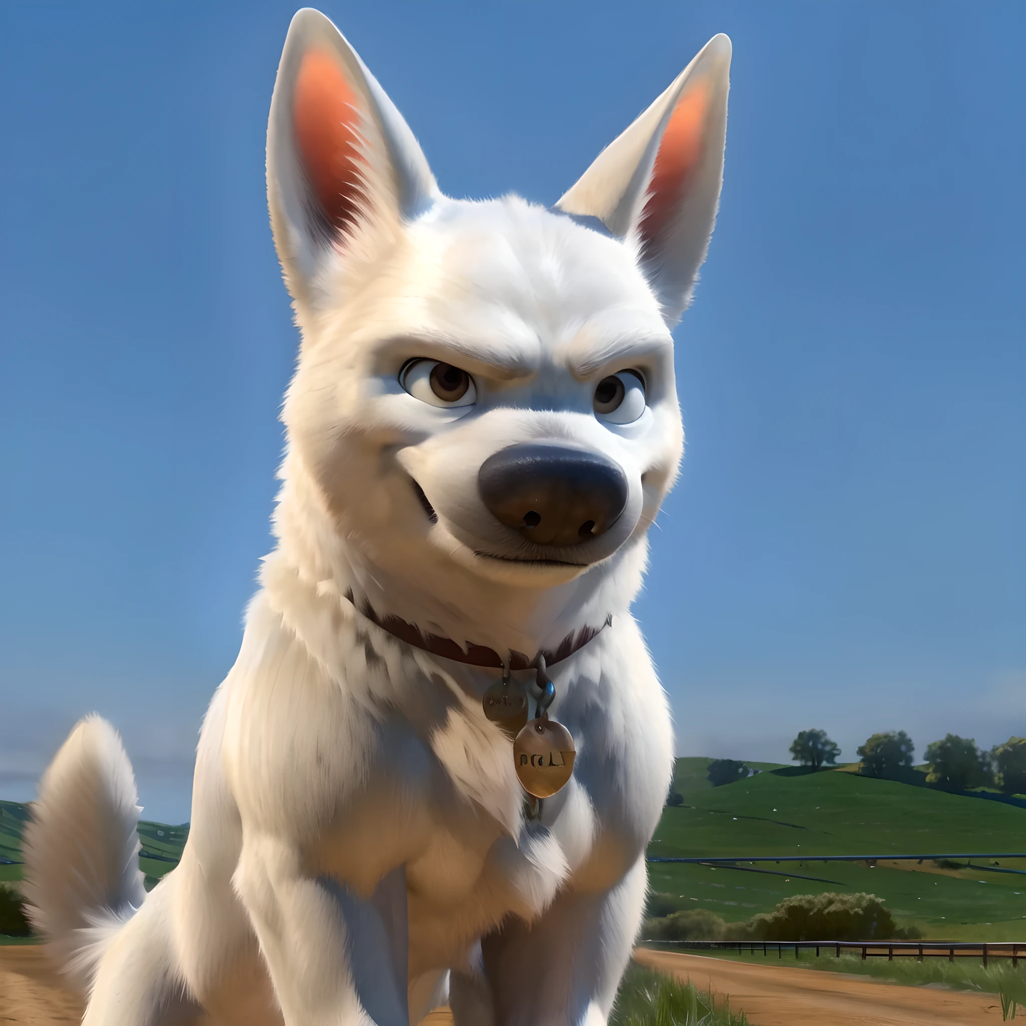 bolt the dog, adult, masculine, male, quadruped, feral dog, very muscular:1.5, muscles:1.5, pectorals:1.5, muscular shoulders, strong body, muscular neck, wide chest, muscular chest, taran fiddler style, chunie style, countryside background, background out-of-focus, realistic fur, correct lighting, correct shadows, detailed eyes, high quality, high resolution, detailed, collar, angry eyes, smile, pose