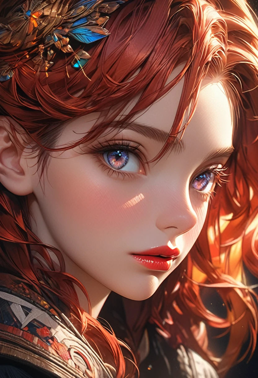 a redheaded girl with dark eyes, beautiful detailed eyes, beautiful detailed lips, extremely detailed eyes and face, long eyelashes, portrait, digital painting, highly detailed, intricate details, cinematic lighting, dramatic lighting, rich color palette, vibrant colors, warm tones, masterpiece, photorealistic, 8k, extremely detailed, hyper detailed, realistic, high quality, sharp focus