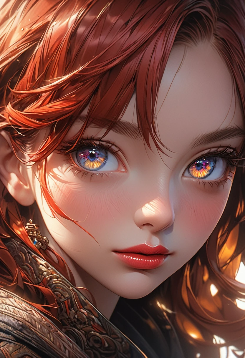 a redheaded girl with dark eyes, beautiful detailed eyes, beautiful detailed lips, extremely detailed eyes and face, long eyelashes, portrait, digital painting, highly detailed, intricate details, cinematic lighting, dramatic lighting, rich color palette, vibrant colors, warm tones, masterpiece, photorealistic, 8k, extremely detailed, hyper detailed, realistic, high quality, sharp focus