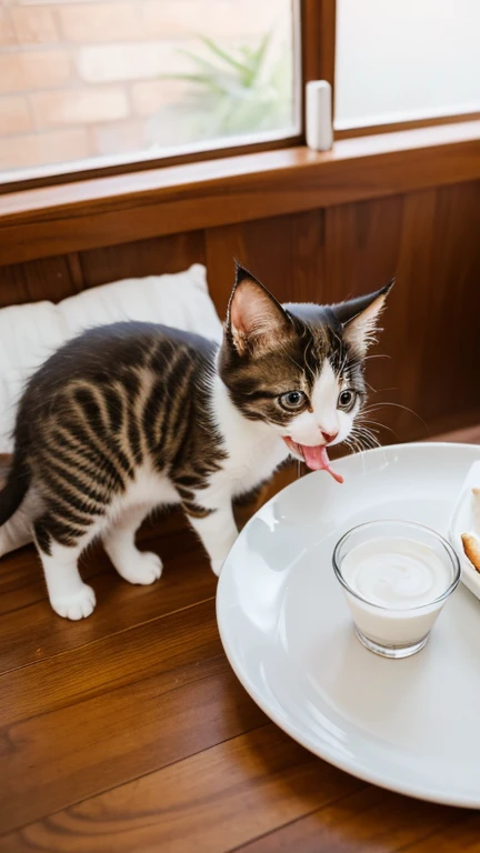 A cute kitten is licking a plate with milk while its tongue out on the living room table,