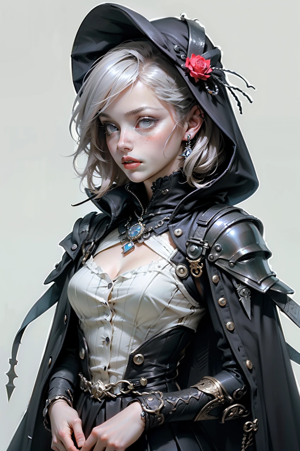 ((best quality)), ((masterpiece)), (detailed), perfect face, hand drawn style, hand painted style, watercolour, sketch, a knight, white background, plain background, Bloodborne inspired, tatty Bloodborne attire, occult aesthetic, occult, tatty red and white clothing detailed and intricate steampunk and detailed gothic (with a hood), diadems, long coat, Complex laced boots, Fluttering lace flared long knee length dress with frilly petticoats, long dress, knee length dress, pleated petticoats, lolita, petticoats gothic lolita, beausmall breasts, (((( Highiled face))), small thin nose, Small thin lips mouth, (((Very sharp focused eyes))), Very large slit precision pale grey eyes that shine like jewels. very long eyelashes, Silver hair swaying in the wind, Emitting a dazzling light in a mandala pattern, white background, Very dramatic and cinematic lighting, tatty damaged old red and white clothing, full body, whole body, body, cosmic horror, grim dark