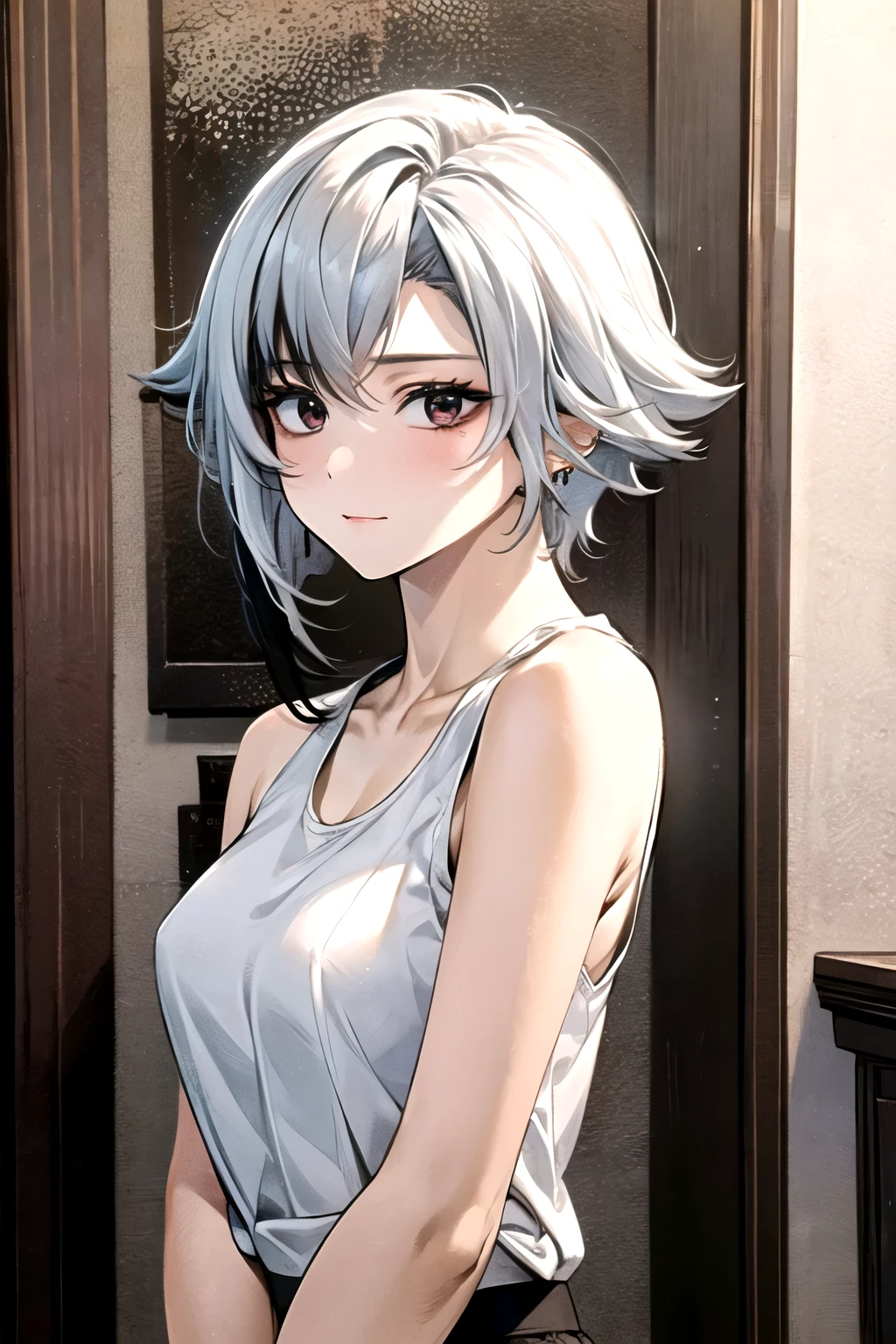 ((best quality)), ((masterpiece)), (detailed), perfect face. Asian girl. White hair. Tanktop. Shy.