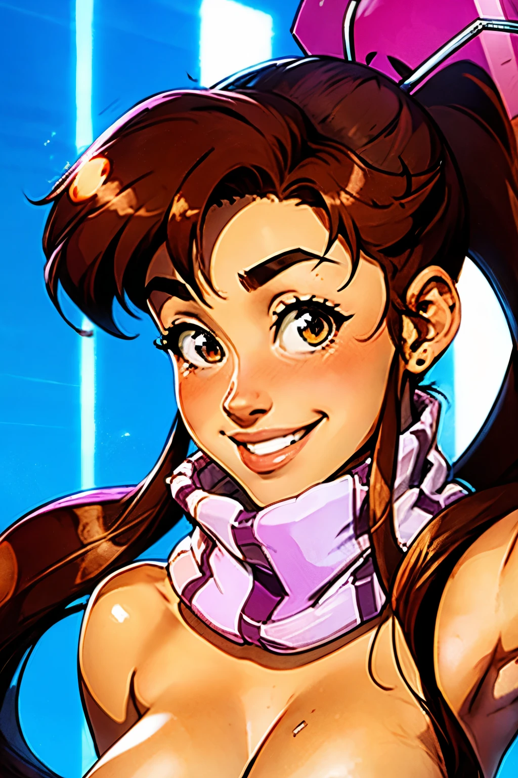 Ariana Grande as yokoli scarf brown_hair ponytail, dark skin, smiling, naked, blushed, NSFW