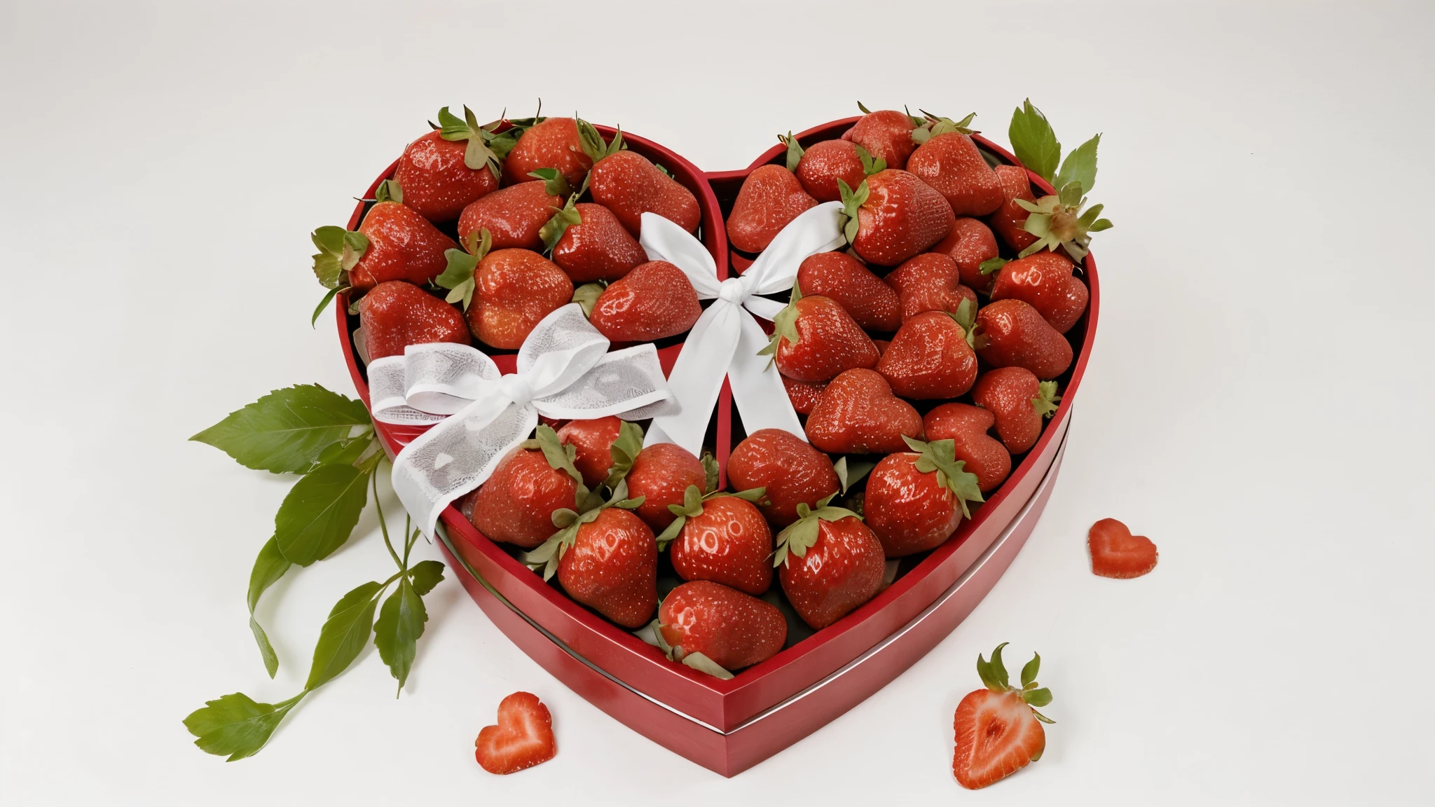set of Delicious strawberries in a heart shaped box ,delicious, White background, sharp