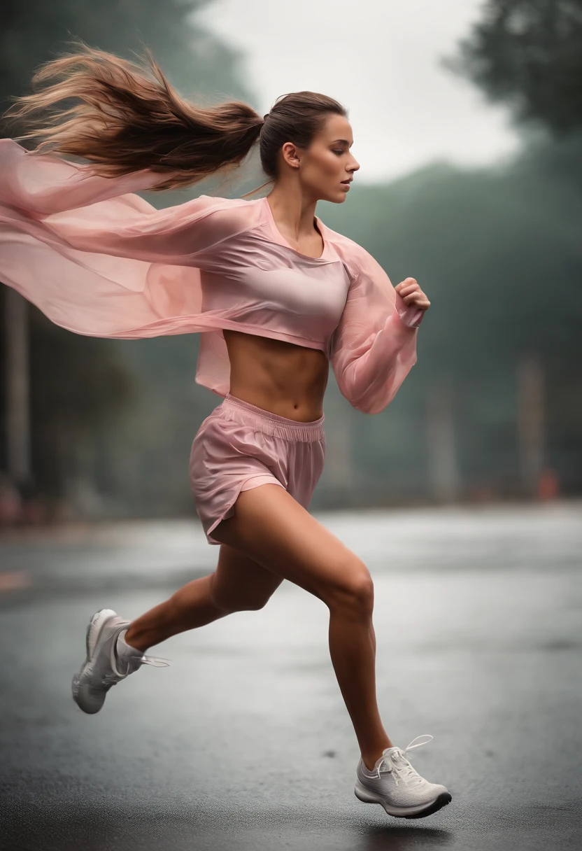 1 girl, solo, running, Gray Track Top, pink shorts, ponytail, athletic build, dynamic brushstrokes, fluid movement, capturing the essence of her athleticism and energy, using light colors and soft tones to create a dreamy and ethereal atmosphere, portraying the motion and grace of running, showing the wind blowing her ponytail and clothes, and the scenery of her surroundings.

outdoors, detailed background, Modern metropolis,