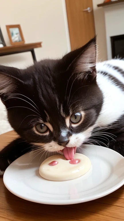 A little cute kitten is licking a plate with milk while its tongue out on the living room table,