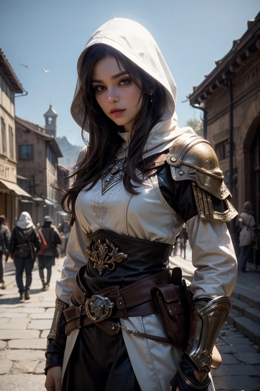 A full-body shot of Princess Zelda, brown hair, blue eyes, dressed as an Assassin from Assassins Creed, in white+gold witha white mask and hood with gold details, XL bust, using a wrist blade. Background: A city during the renaissance period. Unreal Engine 5, Anime, Anime style, Masterpiece, Well drawn eyes, well drawn face, well detailed eyes, well detailed face, 8k, light and shadow effect.