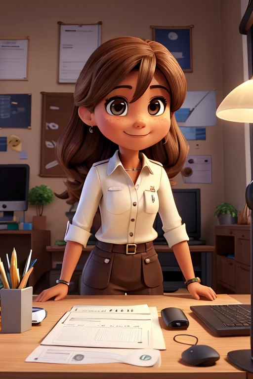 woman with brown straight straight hair is in the square near a table and working on the computer. Melhor qualidade, futurista, Papel de parede 8k, Muito detalhado, illustration,40 anos, Desgaste formal, longos cabelos castanhos escuros, pele clara, olhos castanhos. Imagem HD, sorriso suave. futuro, jogador, tecnologia, computing, schedule, python.