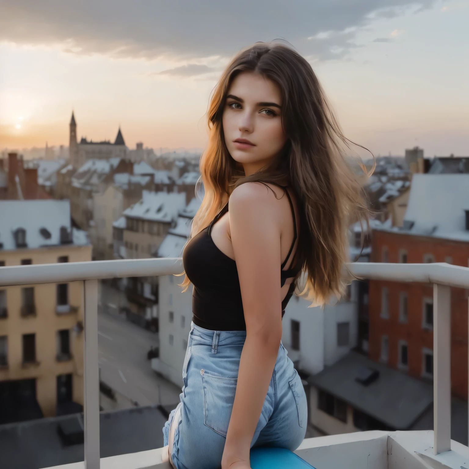 arafed femme debout sur un balcon avec une ville en arrière-plan, on a toit, in a toit, standing on a toit, on toit, standing on toit, sits on a toit, girl sitting on a toit, toit, city toit, photo d&#39;une belle femme, jeune femme infp, Tourné à l&#39;heure d&#39;or, regarder le coucher du soleil