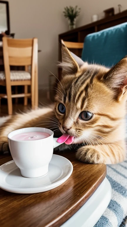 A little cute kitten is licking a plate with milk while its tongue out on the living room table,
