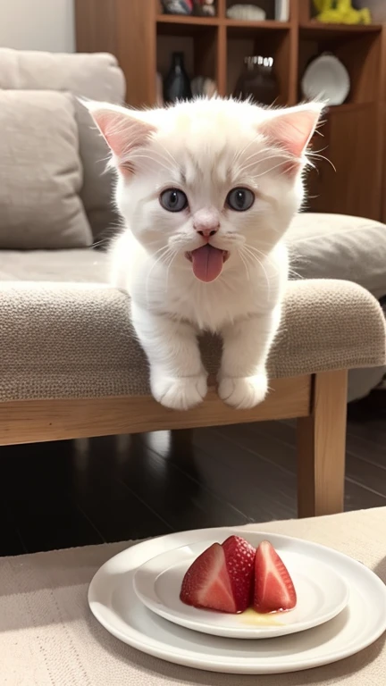 A little cute kitten is licking a plate with milk while its tongue out on the living room table,