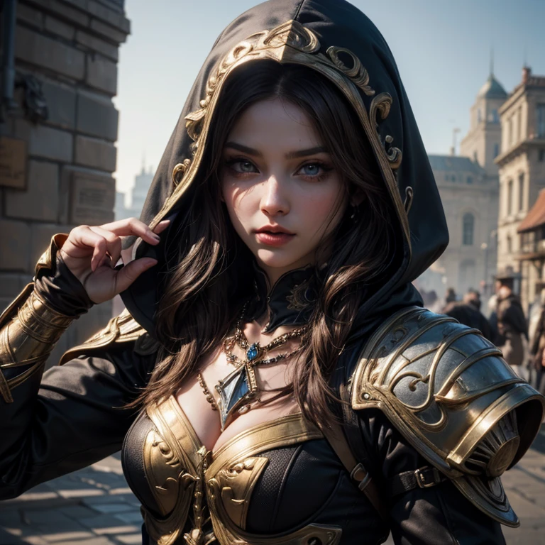 A full-body shot of Princess Zelda, brown hair, blue eyes, dressed as an Assassin from Assassins Creed, in white+gold witha white mask and hood with gold details, XL bust, using a wrist blade. Background: A city during the renaissance period. Unreal Engine 5, Anime, Anime style, Masterpiece, Well drawn eyes, well drawn face, well detailed eyes, well detailed face, 8k, light and shadow effect.