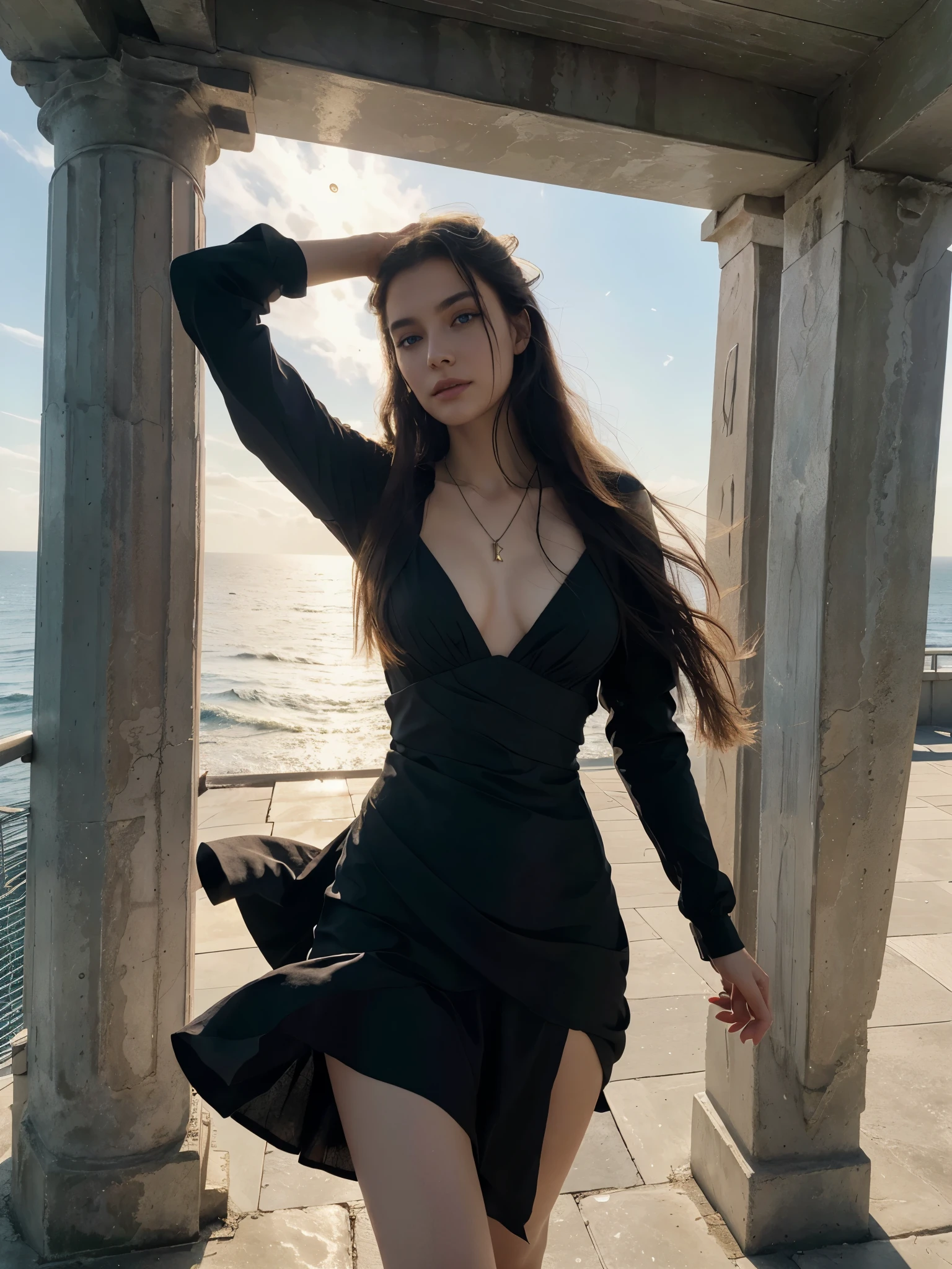 
3D ,stunning girl  ,beautiful perfect bright Blue eyes, very beautiful mesmerizing face,windy day, Golden bracelets and necklaces, long hair is waving in the wind ,(official art, beautiful and aesthetic:1.2), extremely detailed, highest detailed, pale skin, the creamy smooth skin,( long  monolith blocks and columns, star and nebulas at the horizon , calm sea at the scene), black  dark post- modern dress is waving at the wind, strong light, backlighting, withered vegetation, thread, glass, strong shadow, close-up, fog, futuristic fashion, modern art, movement, Post-apocalyptic, Biofabric, Gothic wind,bright light on face , sunset , yellowish red rays at the sky ,reflections,