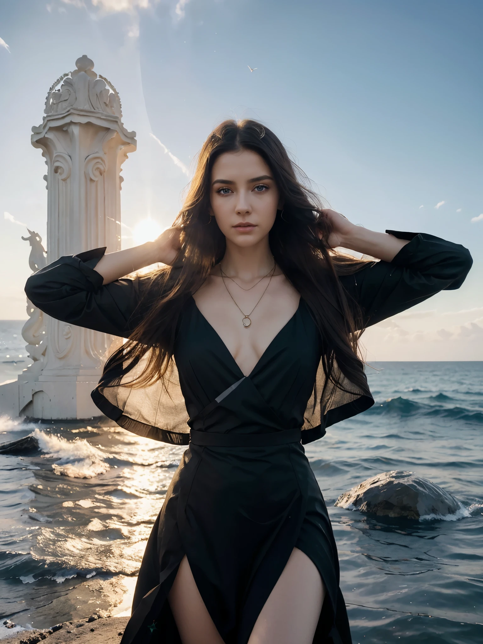 
3D ,stunning girl ,looking  at the viewer ,beautiful perfect bright Blue eyes, very beautiful face,windy day, Golden bracelets and necklaces, long hair is waving in the wind ,(official art, beautiful and aesthetic:1.2), extremely detailed, highest detailed, pale skin, the creamy smooth skin, long  monolith blocks and columns, star and nebulas at the horizon, black  dark post- modern dress is waving at the wind, strong light, backlighting, withered vegetation, thread, glass, strong shadow, close-up, fog, futuristic fashion, modern art, movement, Post-apocalyptic, Biofabric, Gothic wind,soft light on face