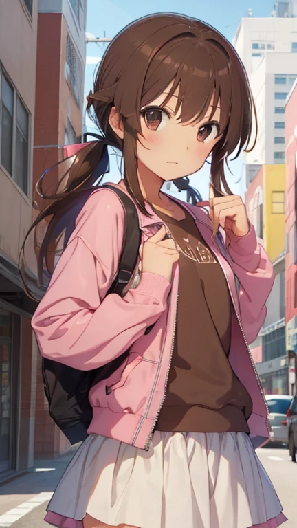 Nishizumi Maho,Pink jacket,Pink Skirt,Brown Hair,Brown Eyes,Happy expression,whole body,Upright posture,