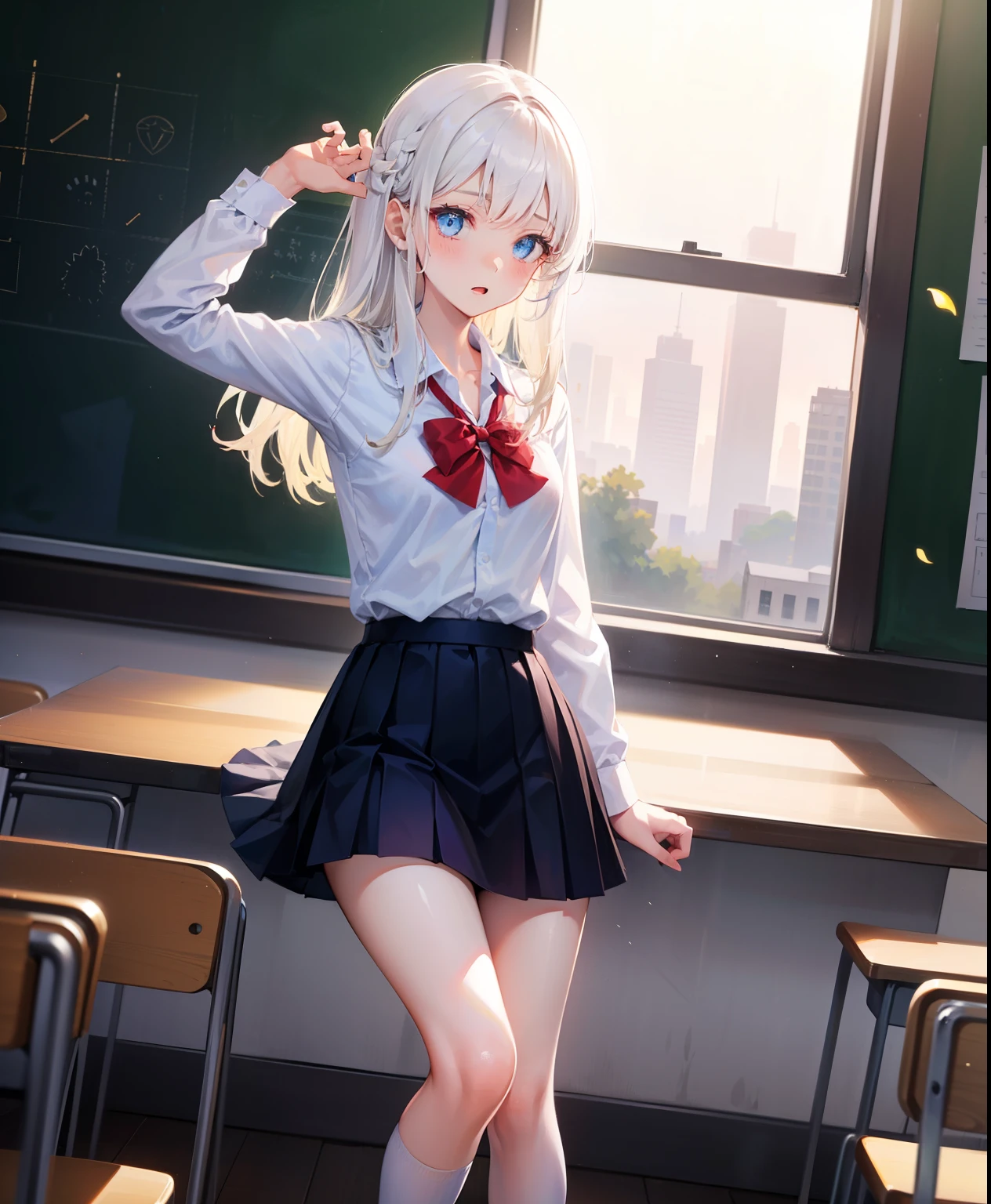 1 girl, 16 years old, Dynamic posing, dynamic angle, Arrange pose,Top quality work,Show Legs,(long white hair),(blue eyes), Rose cheeks, Pretty Face, A perfectly proportioned face, school white shirt with red bow and black skirt, (school uniform), (school white shirt), white stockings,school, in classroom, round small breasts