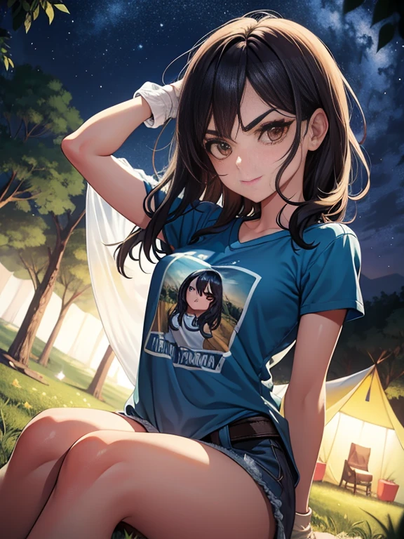 cabello corto, by the chestnut, ojos amarillos brillantes, labios perfectos, sitting next to a Hoguera, Sonrisa segura,cute expression, cara linda, campo de campamento, guantes sin dedos, pistola, Camiseta sin mangas, chaqueta, pose sentada, Cara ultra detallada, long eyelashes, ojos afilados , tiro de cuerpo completo, dynamic display, Cielo nocturno , dynamic point of view, diferentes puntos de vista, campo de campamento, Hoguera