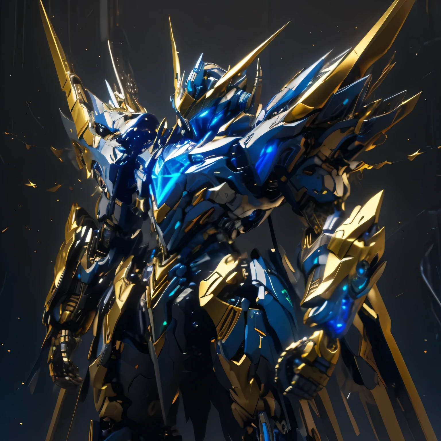 Blue mech（It has a golden sheen），It is equipped with an electromagnetic cannon and a laser laser gun，Holding a magic crystal tomahawk, The whole body is covered with nanocomposite armor, the outershell is advanced for combat, Full Body Design, The area around is City landscape